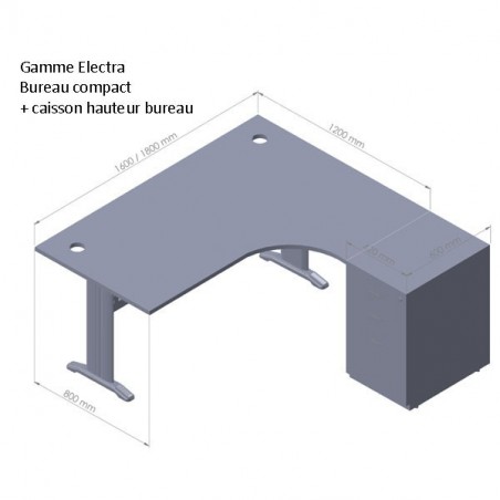Bureau d'angle compact Panneaux + caisson HB Gris Bois 80 cm et 60 cm
