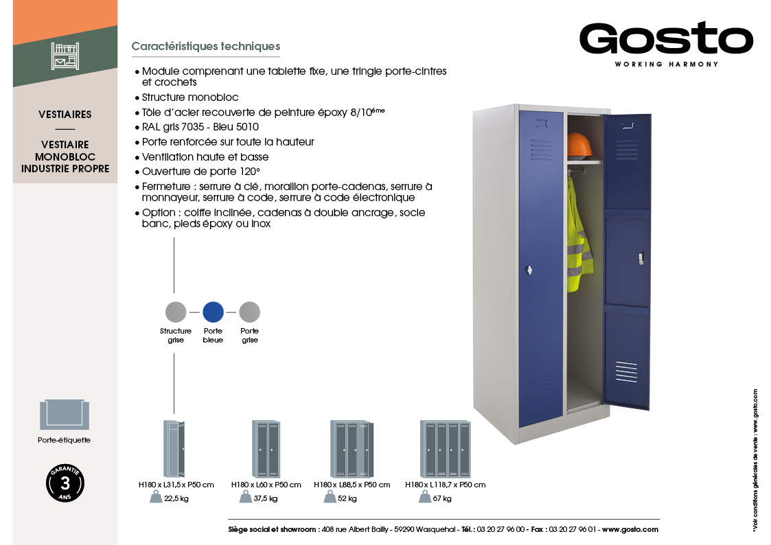 Vestiaire industrie propre 2 cases monobloc - Vestimetal